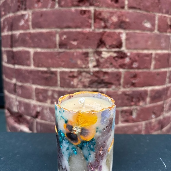 Handmade Other - Artisan cute Floral Candle with Gold and Blue Accents, handmade